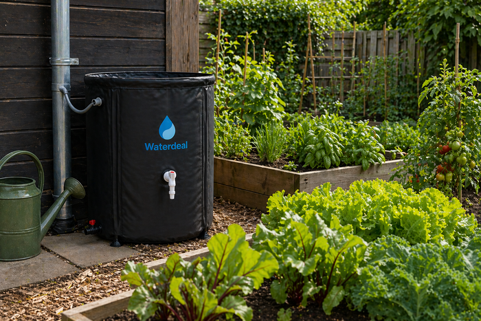 Zwarte opvouwbare Waterdeal regenton aangesloten op een regenpijp naast verhoogde moestuinbakken met groenten en kruiden in een Nederlandse tuin.