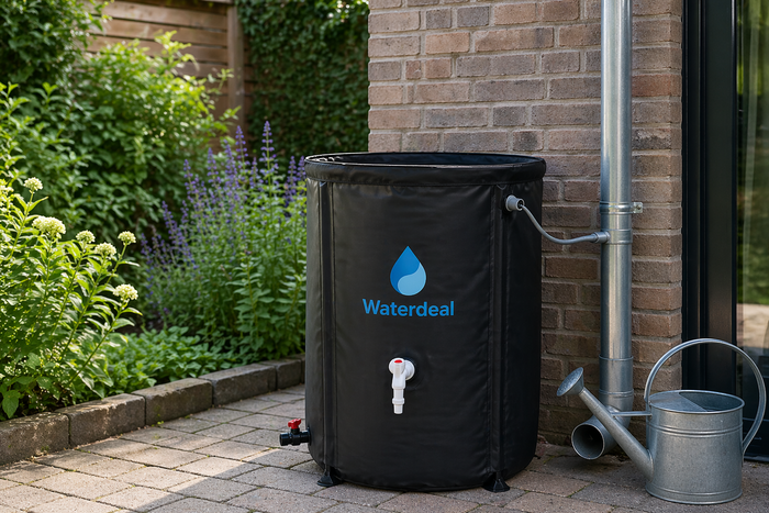 Zwarte opvouwbare Waterdeal regenton aangesloten op een regenpijp in een groene Nederlandse tuin met planten en een gieter ernaast.