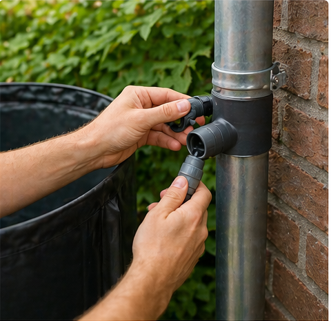 Handen sluiten een zwarte opvouwbare Waterdeal regenton aan op een metalen regenpijp in een tuin.