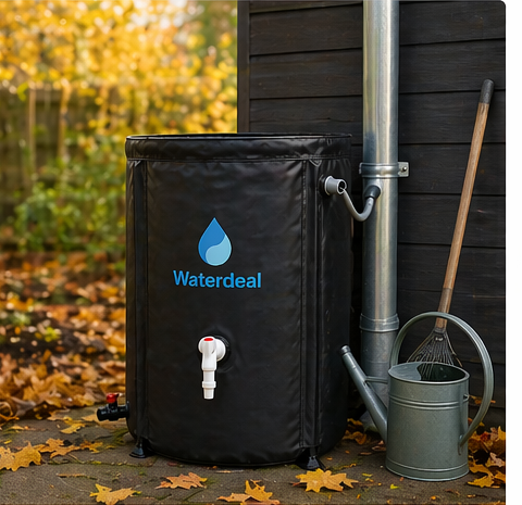 Zwarte opvouwbare Waterdeal regenton naast een regenpijp in een herfstachtige tuin met bladeren en een gieter.