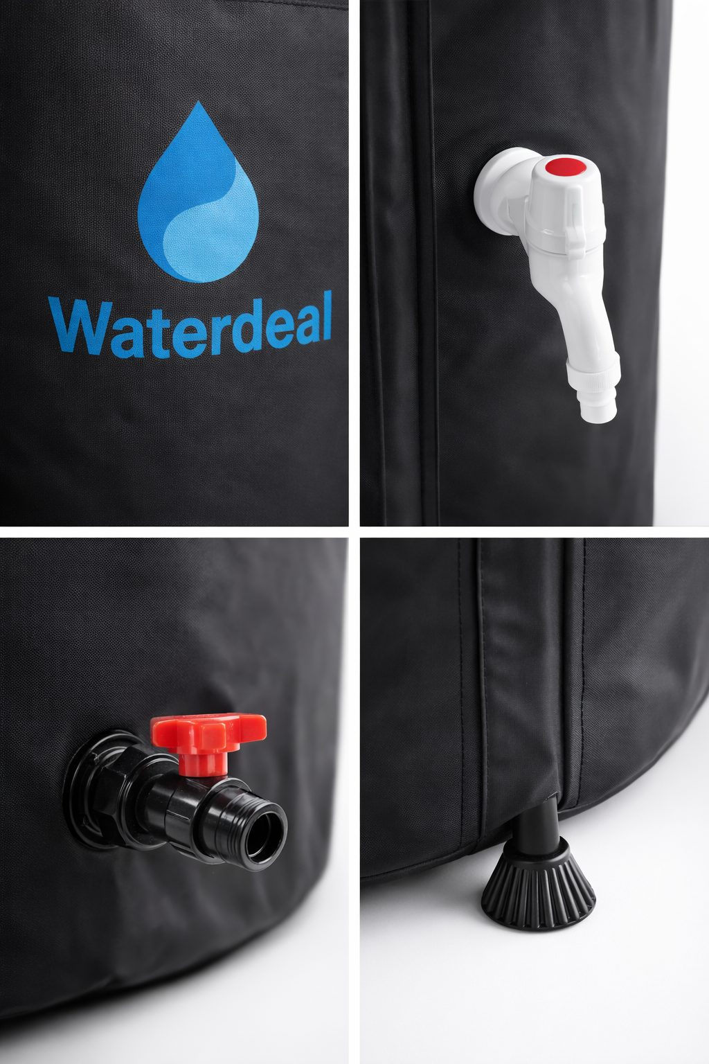 Details van de AquaFold regenton: kraan, aftapventiel, wand en steunvoet